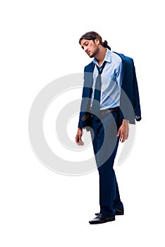 Young unhappy male employee isolated on white