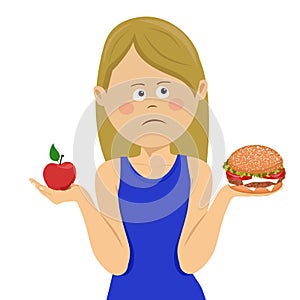 Young unhappy woman chooses between junk food and healthy diet