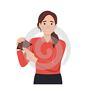 Young unhappy woman showing empty wallet. Financial Failure