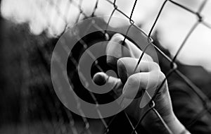 Young unidentifiable teenage boy holding the wired garden at the correctional institute in black and white