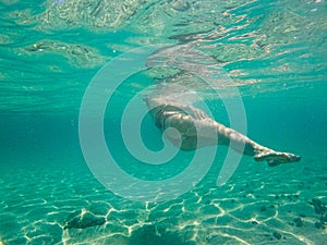 Young unrecognized woman with swimwear swimming underwater.