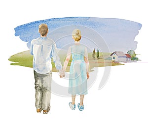 Young urban couple holding hand in front of in the meadow back to watcher and looking at their house. Original watercolor concept