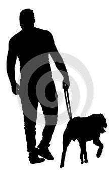 Young urban man walking dog vector silhouette. Back view boy with guardian dog.