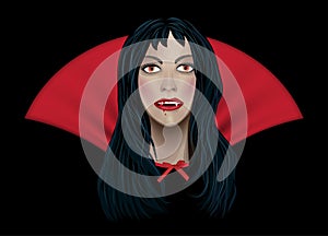 Young Vampire Halloween Woman portrait on a black background. Elegant gothic lady with long hair and blood on his lips. Vector