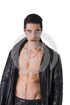 Young Vampire Man in an Open Black Leather Jacket