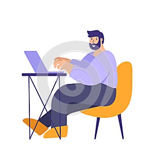 Young vector man working on the laptop computer. Freelance job, creativity innovation and business idea concept. people