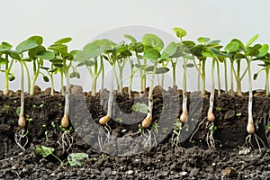 Young vegetable sprouts growing in soil profile view, concept of agriculture and plant growth, germination sequence of seedlings