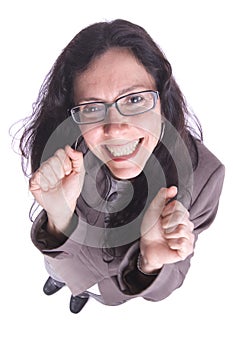 Young very happy smiling businesswoman gesturing