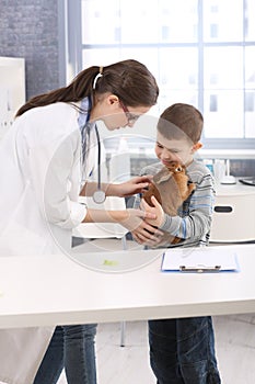 Young vet helping little boy with rabbit