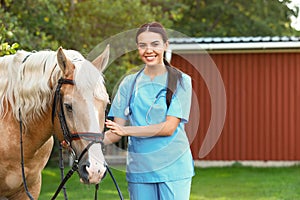 Young veterinarian with palomino horse on sunny day