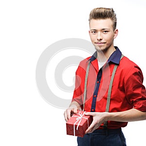 Young vintage man holding gift