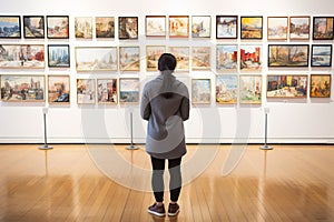 Young visitor admiring various paintings on the wall of an art gallery