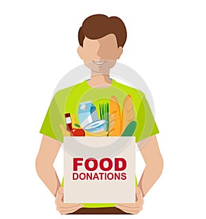 Young Volunteer with food donation donation box. Vector concept illustrations. Donation box. Donation and volunteers