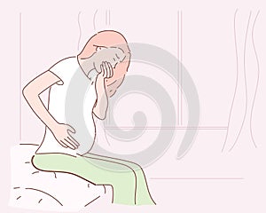 Young vomiting woman sitting on bed. Pregnant blonde suffering with nausea.Eps10 