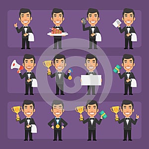 Young waiter in black suit in different poses and emotions Pack 1. Big character set