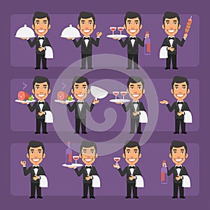 Young waiter in black suit in different poses and emotions Pack 2. Big character set