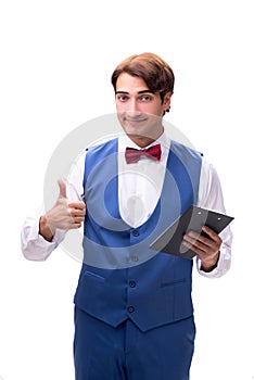 The young waiter isolated on white background