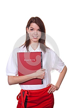 Young waitress with her application folder