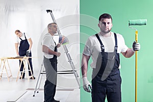 Young wall painter posing with a roller on a green wall background, a decorator choosing colors and a carpenter cutting in blurry