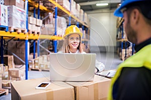 Young warehouse workers with laptop working together.