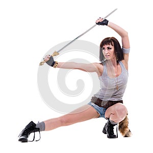 Young warrior woman holding sword, isolated on