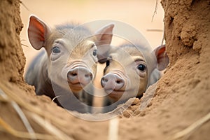 young warthog piglets in a burrow