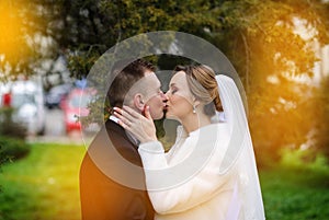 Young wedding couple enjoying romantic moments