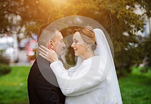 Young wedding couple enjoying romantic moments