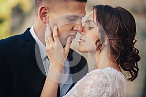 Young wedding couple enjoying romantic moments. Wedding day