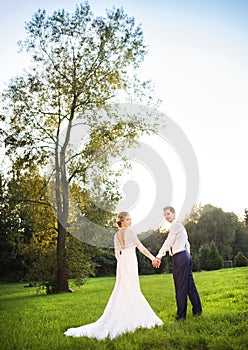 Young wedding couple on summer meadow