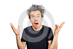 Young white caucasian guy long grey hair shrug his shoulders and looking up on a white isolated background