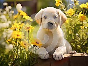 Young white Labrador puppy at the flower garden. AI Generated Image