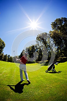 Young white male golfer red shirt