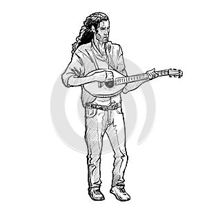 Young white man with long hair playing mandolin. Full body front view.