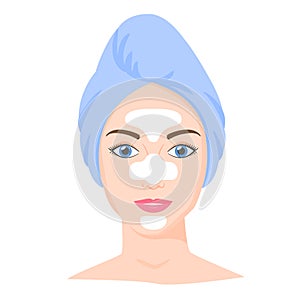 Young white woman with cosmetic mask and towel on head. Skincare procedures at home. Cosmetic clay or sheet mask. Vector