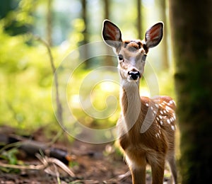 Young whitetail deer fawn in the forest