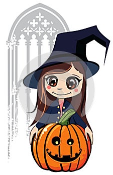 Young wich with her pumkin photo