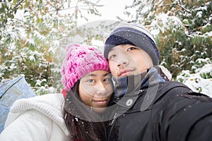 Young winter couple self