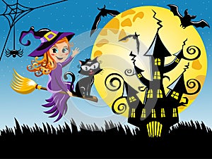 Young witch flying broom halloween night horizontal background