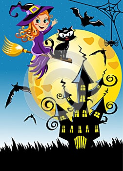 Young witch flying broom halloween night vertical background