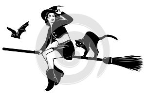 Young Witch flying on a broomstick with cat and bat. Black and white Ink style vector clipar