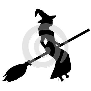 Young witch flying on a broomstick silhouette