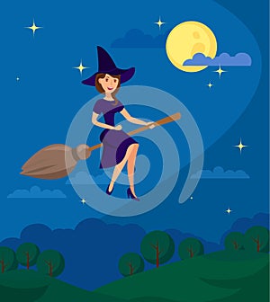 Young Witch Flying to Coven Flat Illustration