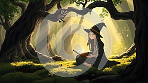 Young Witch Reading in Forest