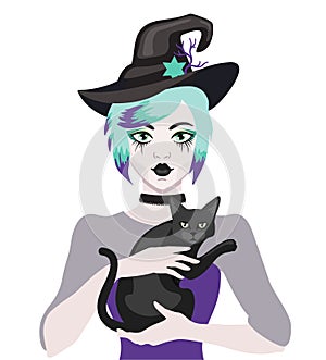 Young witch wearing typical witch hat holding a black cat. Cute Halloween girl. Makeup and witch costume. Halloween