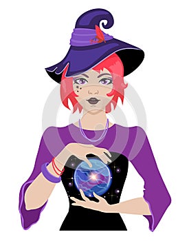 Young witch wearing typical witch hat with a magic sphere. Cute Halloween girl. Halloween, magical, mystic illustration