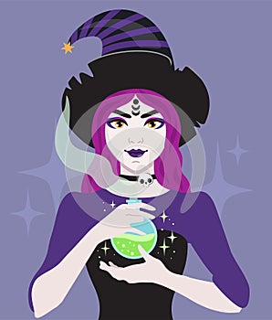 Young witch wearing typical witch hat with a potion in hand. Cute Halloween girl. Halloween, magical, mystic