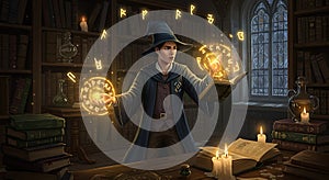 Young Wizard Casting Magic Spell in Library