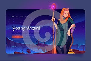 Young wizard with magic staff and broom on rock