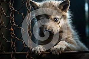 Young Wolf cub with blue eyes peering through a chain-link fence. Concept of pet adoption, animal shelter, rescue, and